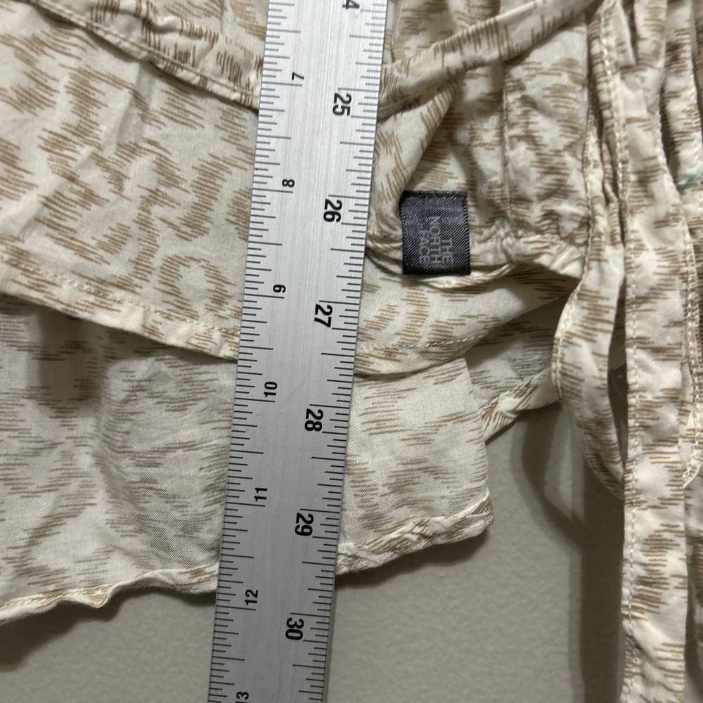 North Face Womens Tunic Blouse L Tan White Ikat 3/4 Sleeve Tie Waist Lagenlook - Picture 7 of 9